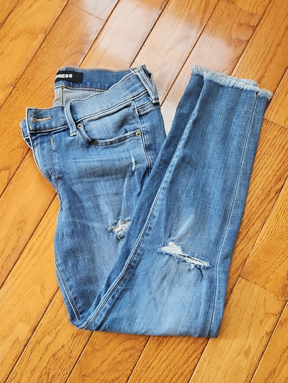 Express Light Blue Skinny Jeans with Distressed Knees